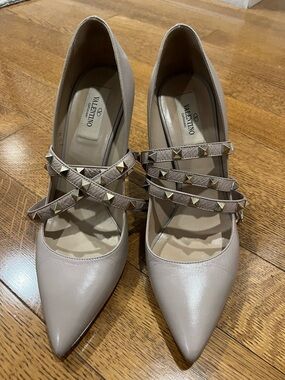 Valentino Beige Rockstud Multi-Strap Pointed Pumps
